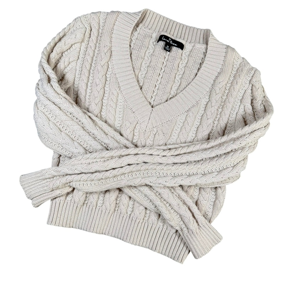 Love Tree W9092 Womens Size M Cream Beige Cable Knit Cropped V-Neck Sweater